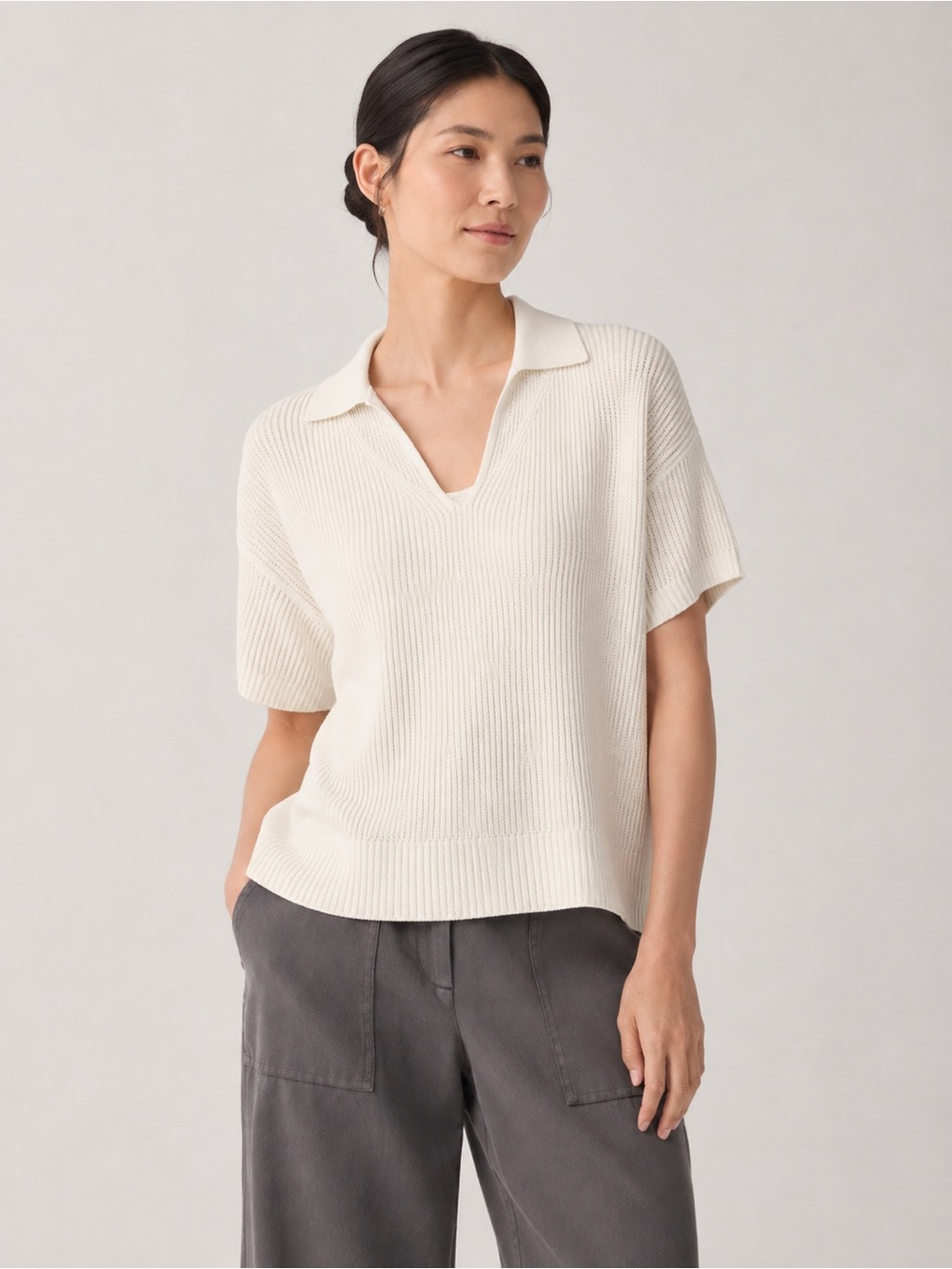 Eileen Fisher Cotton Silk Cord Split Neck Top Ivory Boxy Short Sleeve Luxury XS